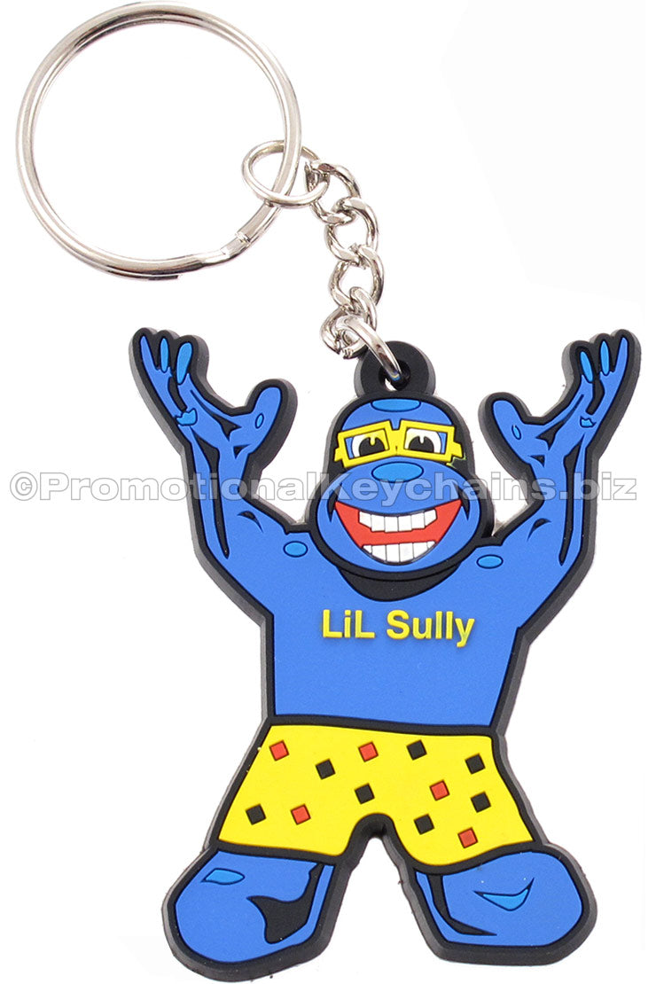 A black PVC keychain with a blue cartoon character named "LiL Sully" wearing yellow swim trunks and goggles, joyfully raising its arms.