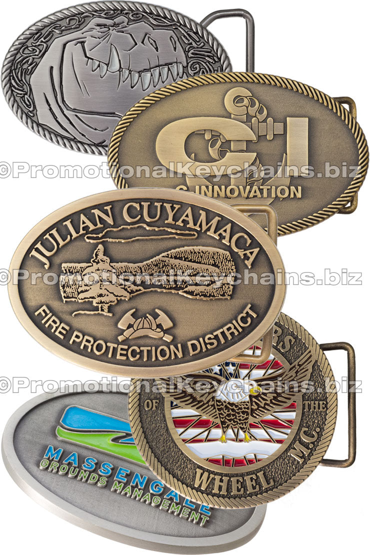 Five different antiqued metal belt buckles with various designs are displayed overlapping each other.