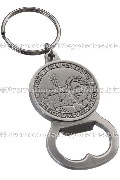 Custom Die Cast 3D/2D Bottle Opener Antiqued. Antiqued nickel plated with design made to fit a circular emblem.