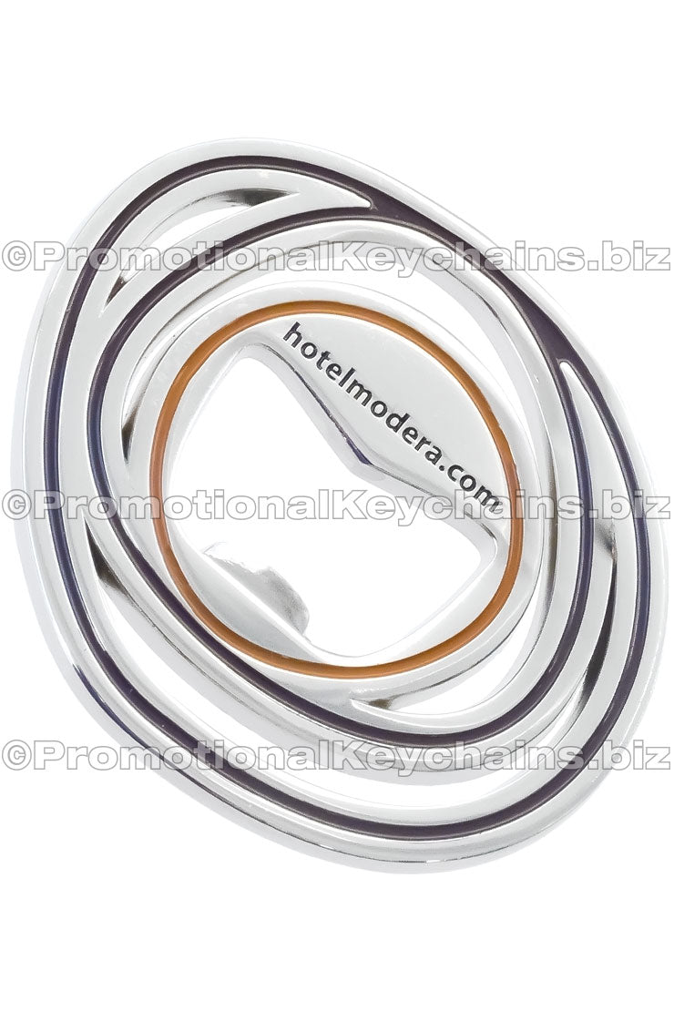 Custom Die Cast 3D/2D Bottle Opener Keychain shaped like overlapping rings. Cut outs and soft enamel colors in the design help create the look of the overlapping ring.