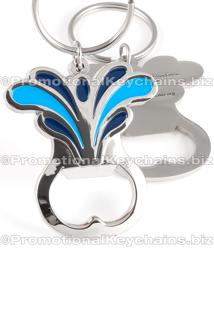 Custom shaped to water splashing logo. This example of the Custom Die Cast 3D/2D Bottle Opener Keychains contains dark and light blue soft enamel colors.