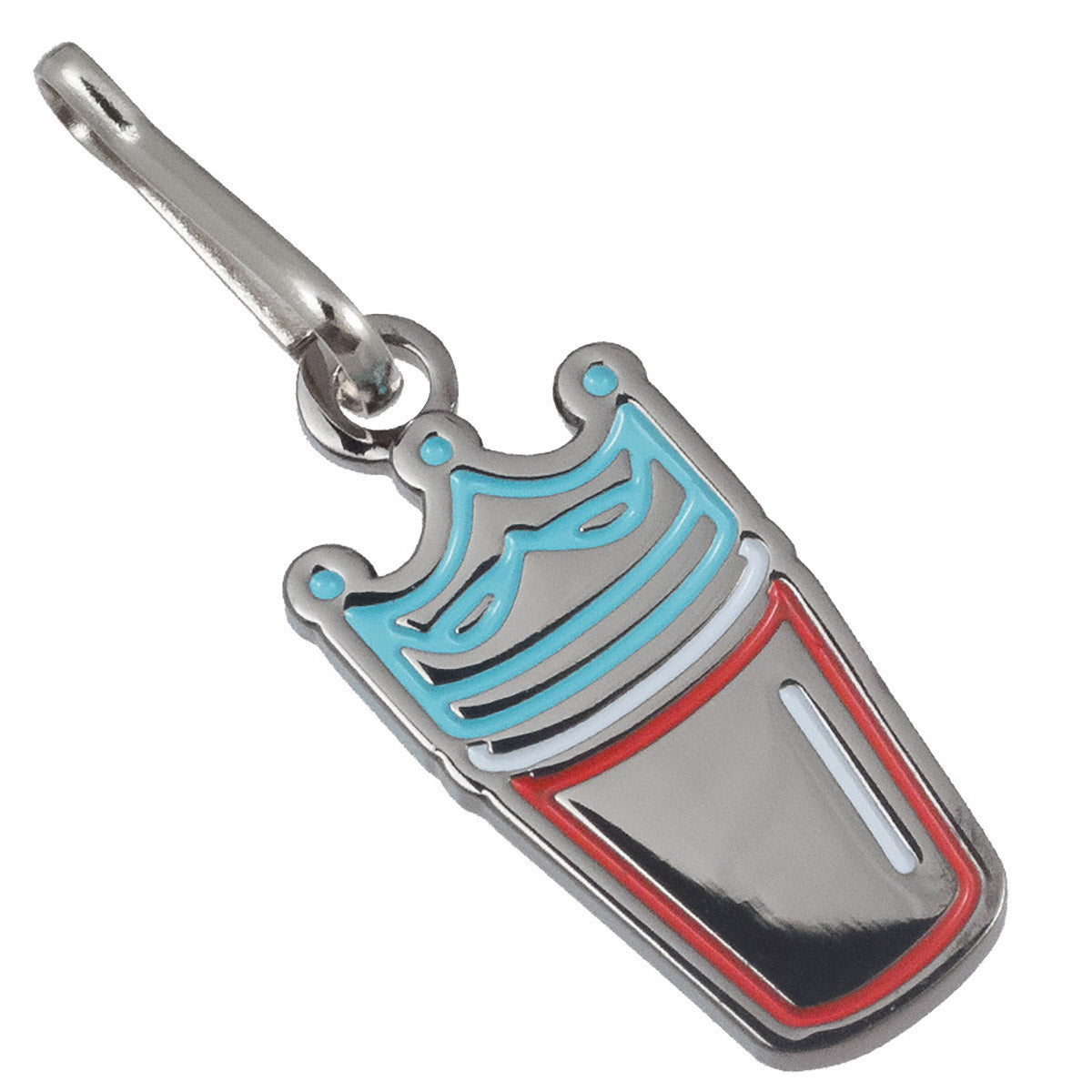 A polished nickel zipper pull shaped like a drink cup with a blue crown, featuring red and white enamel color accents.