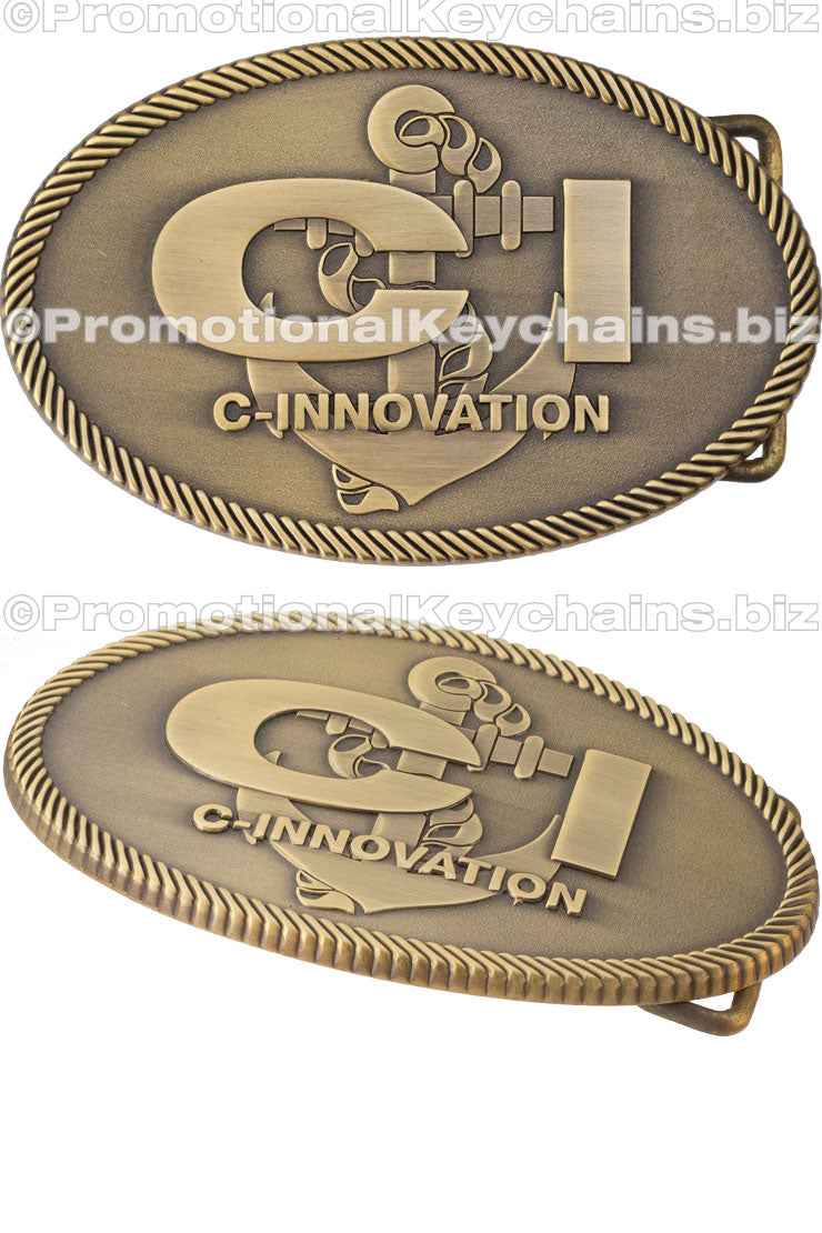 Two views of an antiqued metal belt buckle featuring an anchor design with a rope border.