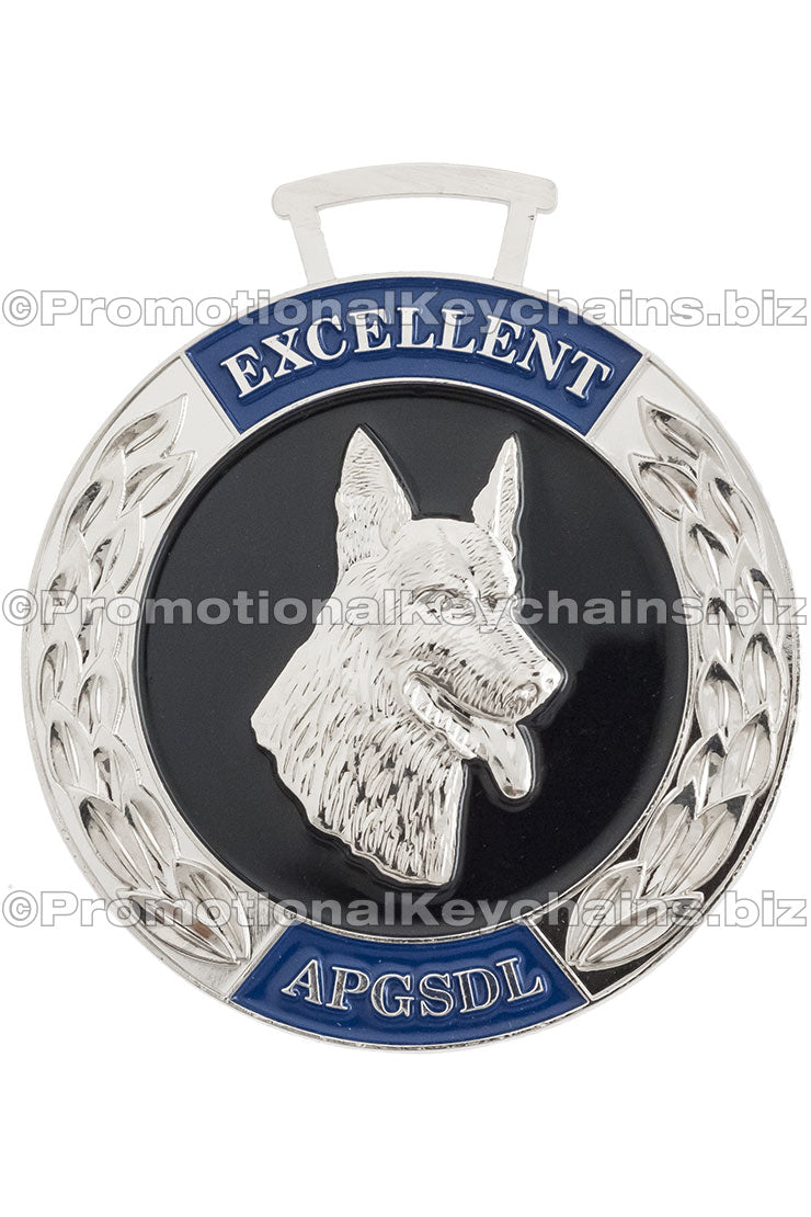 Medal with a dog's head design on a black background, featuring the word 'EXCELLENT' and 'APGSDL'.