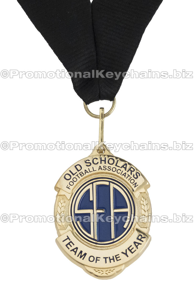 Medal with 'Old Scholars Football Association Team of the Year' text on a white background