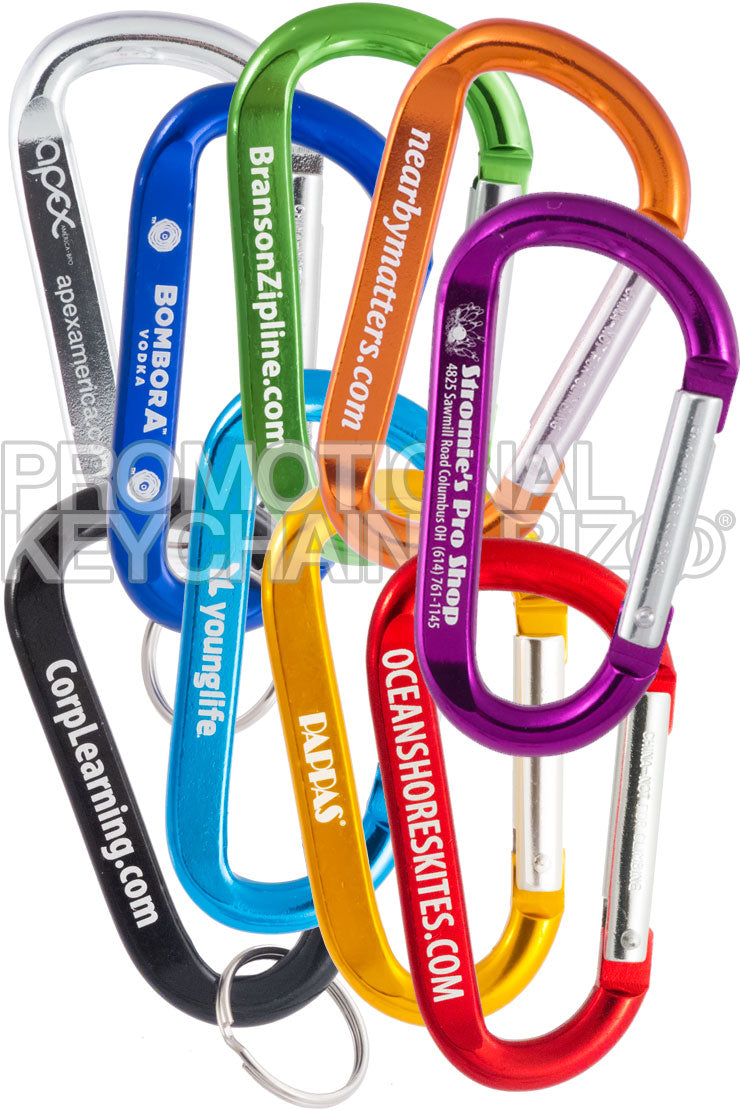 Grouping of 80mm engraved carabiners in 7 different colors.