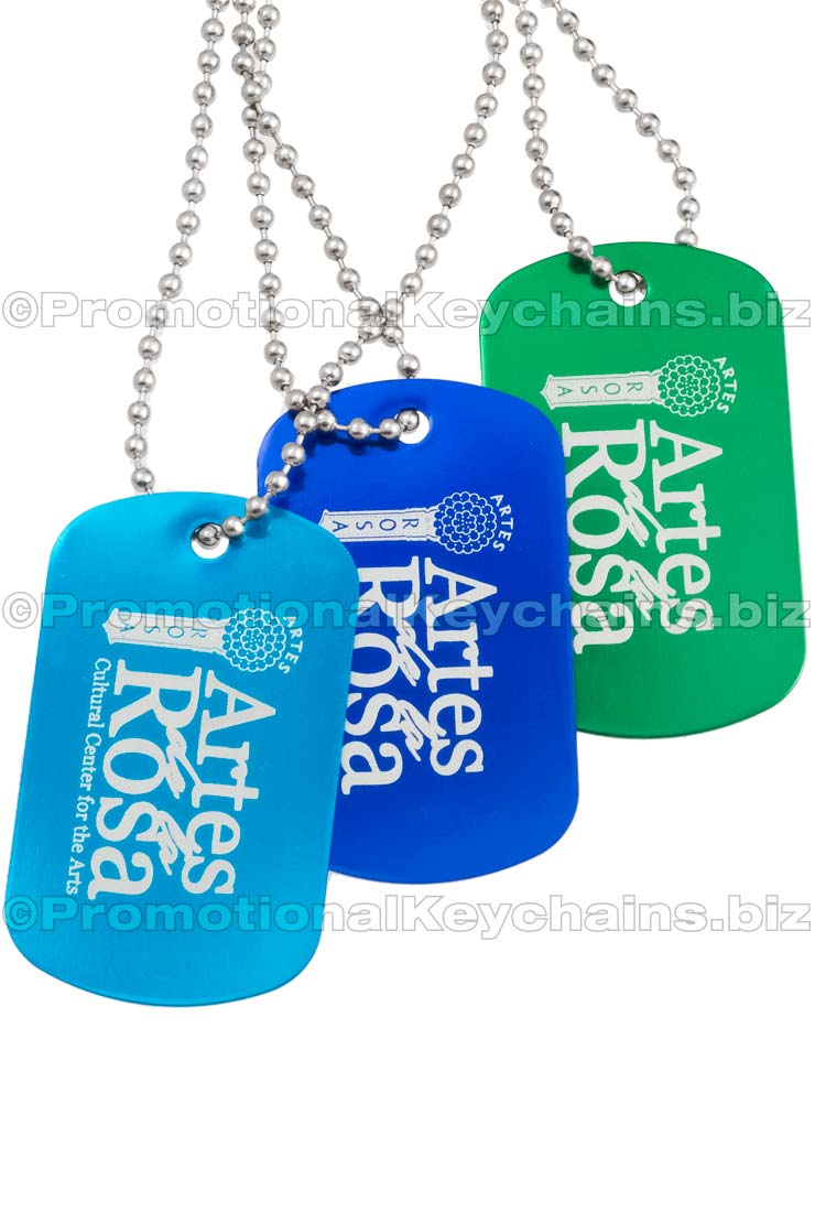 Aqua, royal blue and green aluminum dog tags hanging from ball chains. Custom logo engraved on all tags.