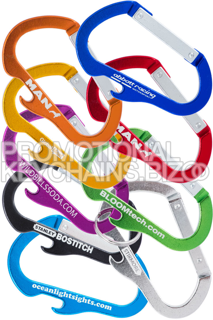 Example of the Bottle Opener Carabiner Keychains showing all the colors. Colors for the bottle opener carabiners are royal blue, orange, red, gold, green, purple, silver, black and aqua. Each has a silvery white engraving showing custom branding.