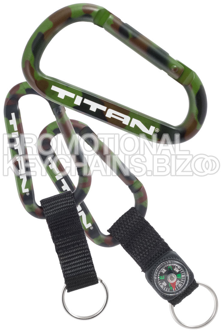 A camouflage carabiner keychain with the 'TITAN' brand prominently displayed, featuring a green, brown, and gray color scheme, and a black strap with a compass.