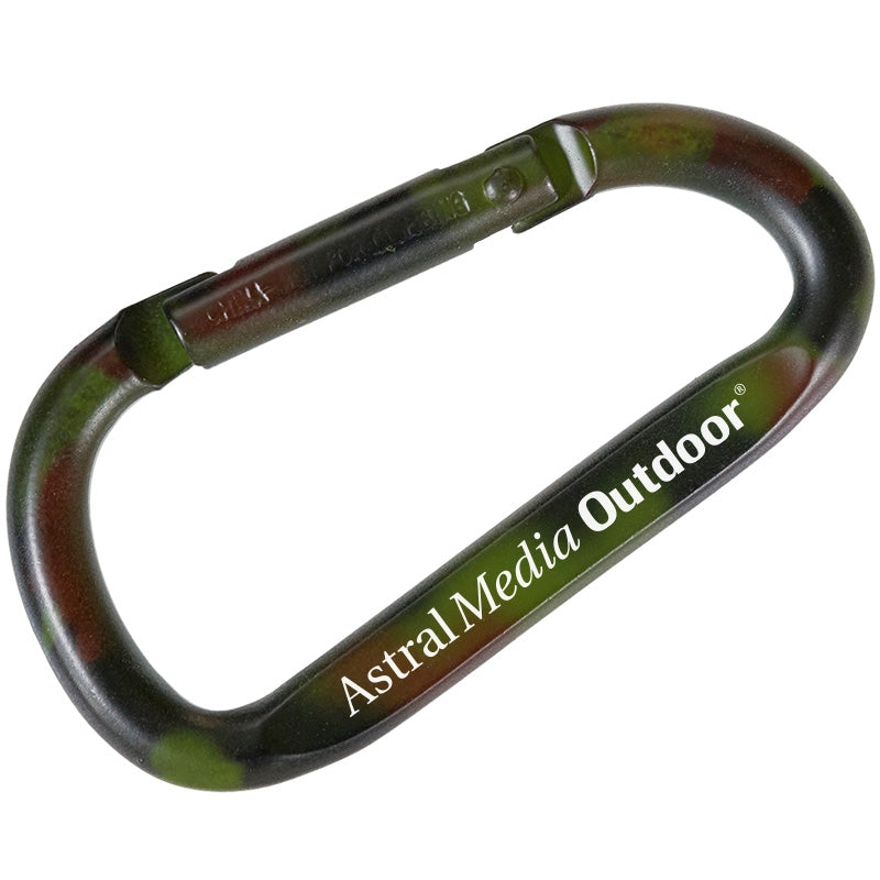 Camouflage colored carabiner custom engraved with Astral Media Outdoor logo.
