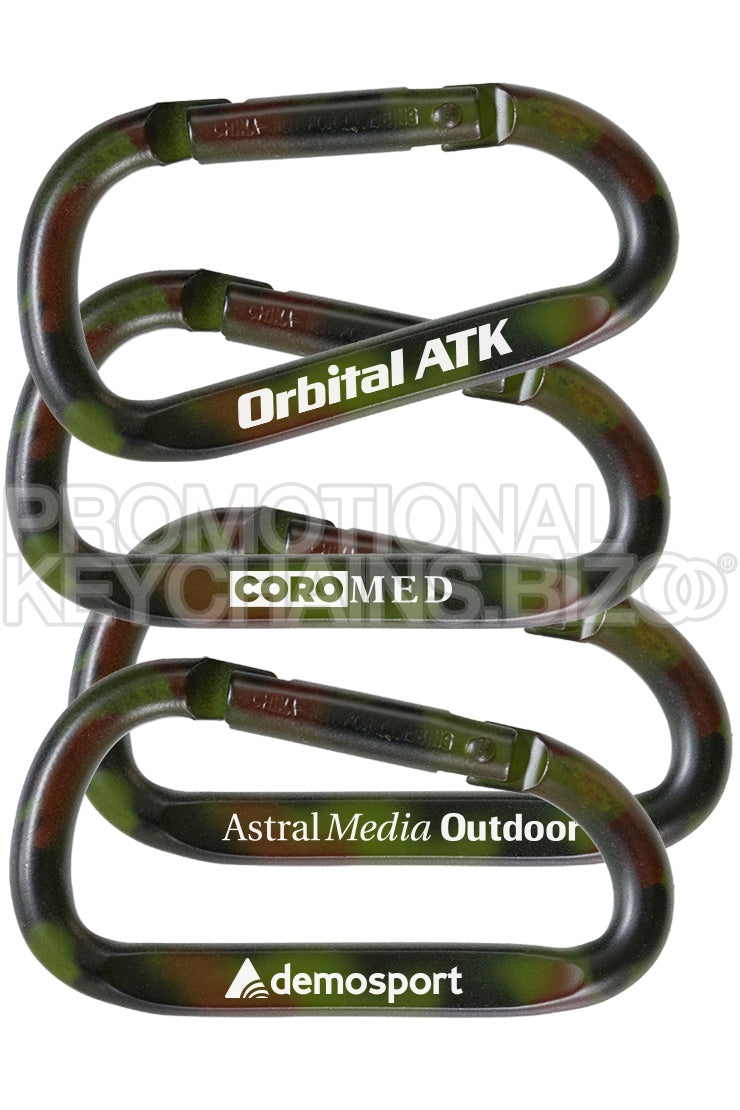 Collection of camo carabiners engraved with various branding.