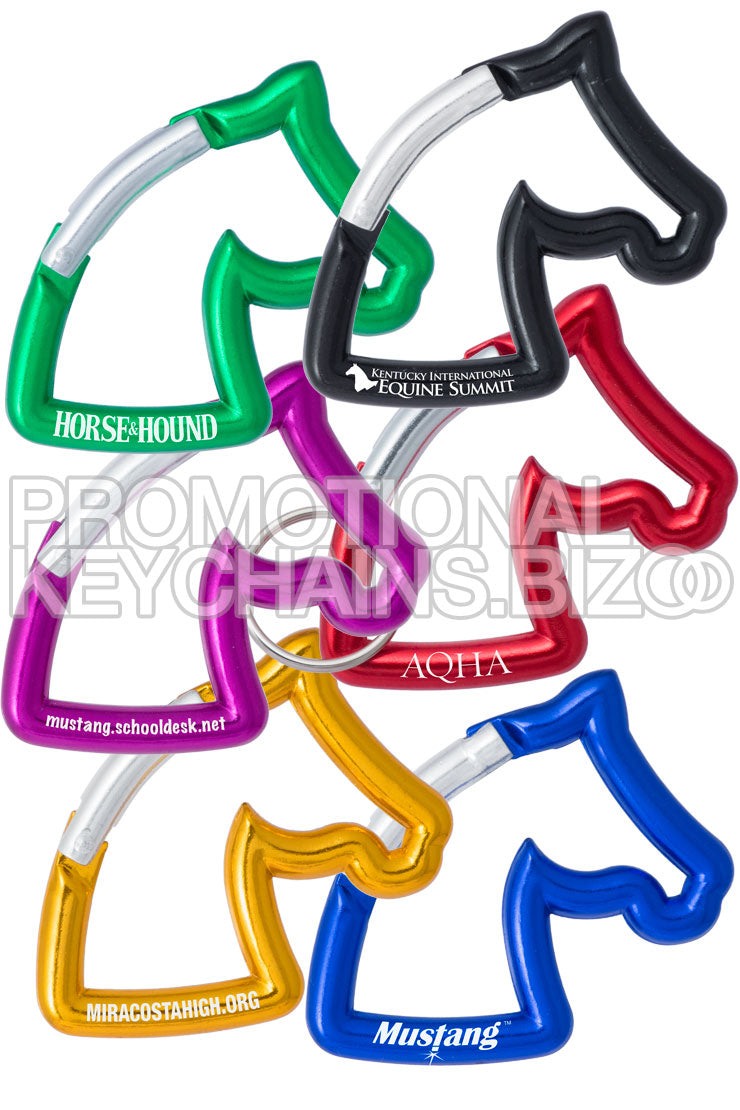 Colorful set of carabiners in the shape of a horse head with various branding laser engraved.
