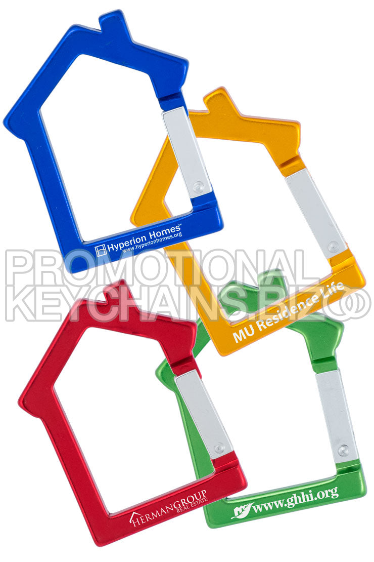 Collection of 4 house shaped carabiners in blue, gold, read and green featuring various custom laser engraved logos.