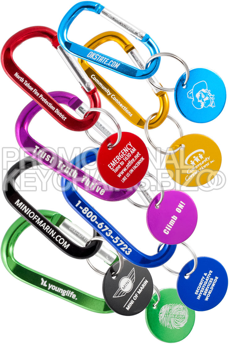 Collection of colorful branded carabiners with matching branded medallions.