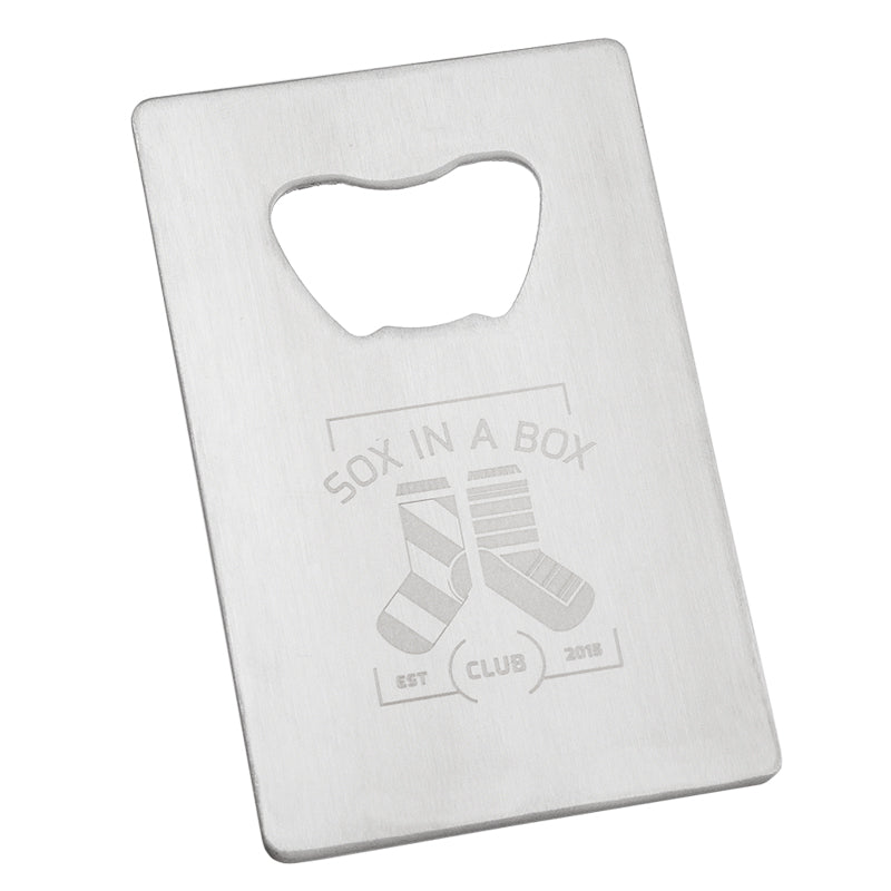Second example of the Credit Card Bottle Opener in Stainless Steel, with a custom logo engraved.