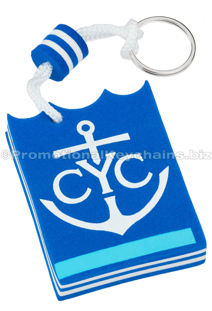 A blue and white nautical-themed floating foam keychain featuring an anchor design and "CYC" logo, attached with a braided rope and metal ring.