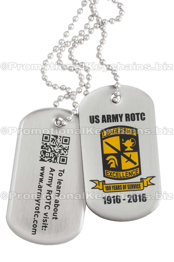 Two Full Color Stainless Steel Dog Tags with neck chains. Stainless steel metal showing in background with black and yellow logo in foreground.