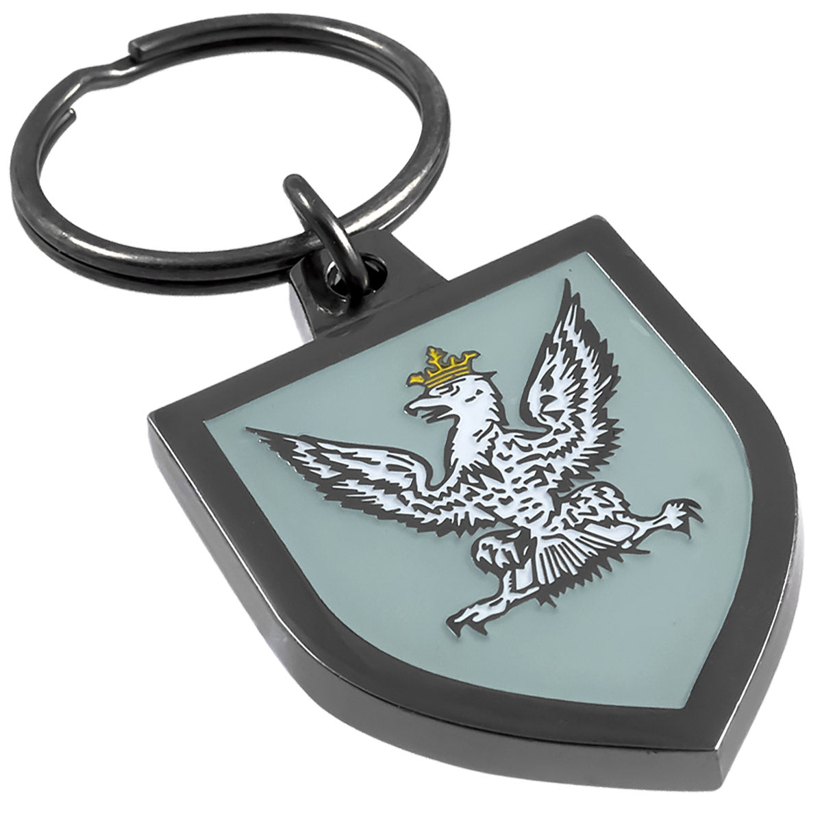 A polished black nickel keychain with an eagle emblem on a light gray-green shield shape
