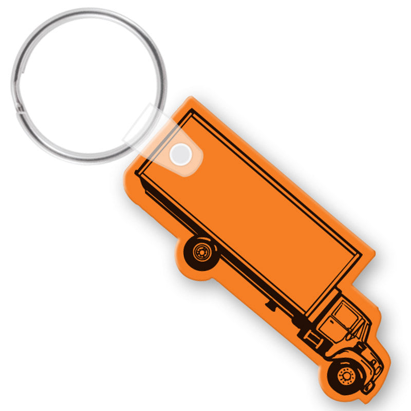 Close up of Box Truck shaped vinyl keychain. Example shows an orange vinyl with black imprint of the truck outline.