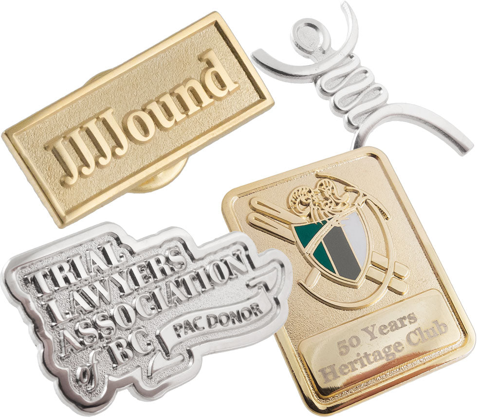 Layered image of Polished + Matte Boulevard Series lapel pins showing silver and gold plated pins, in different shaped pins.