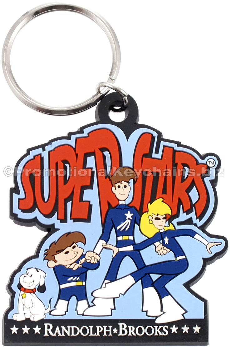 A black PVC keychain featuring a family of cartoon characters in blue superhero outfits and a white dog under a red "SUPERSTARS" logo.