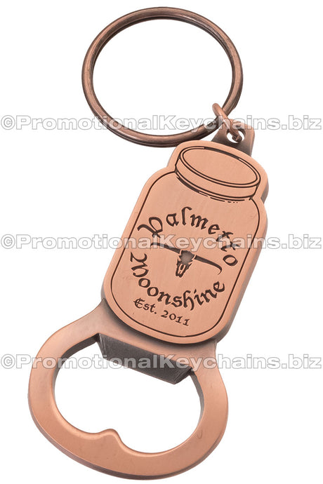 Custom Die Cast 3D/2D Bottle Opener Antiqued. Antiqued copper plated, design of handle shaped like a can and logo recessed into that part.