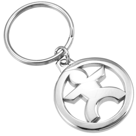 A polished nickel keychain featuring a cutout design of a stylized human figure in the center of a circle.