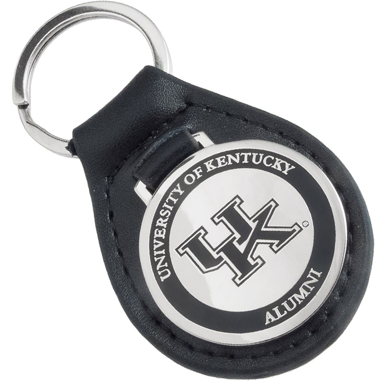 A black leather fob keychain with a polished nickel medallion attached, featuring a University of Kentucky Alumni design with a black enamel outer ring.