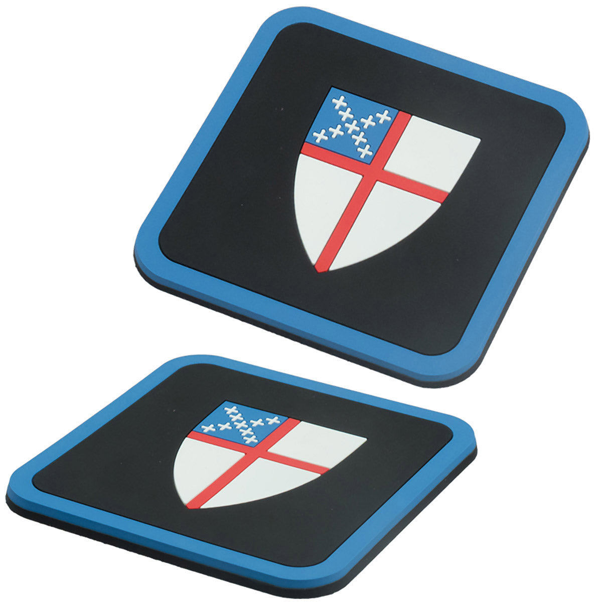 Two angles of the same square PVC coasters featuring a white shield with a red cross and blue accents set against a black background.