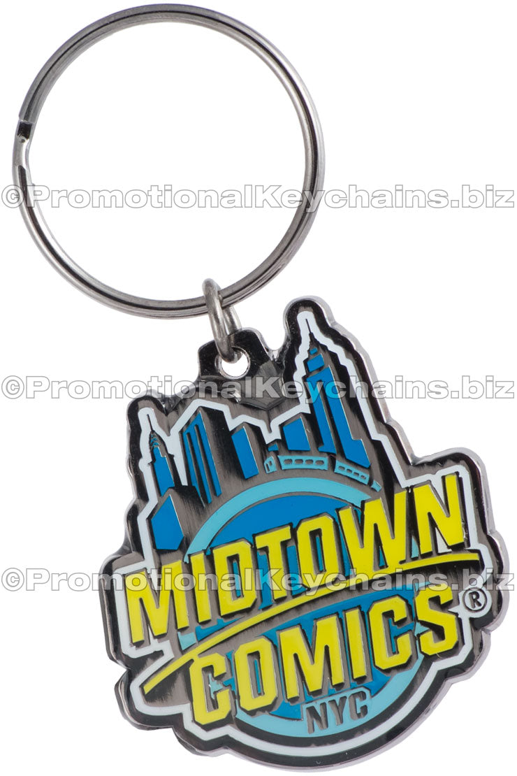A polished black nickel keychain featuring a blue and yellow enamel color Midtown Comics logo.