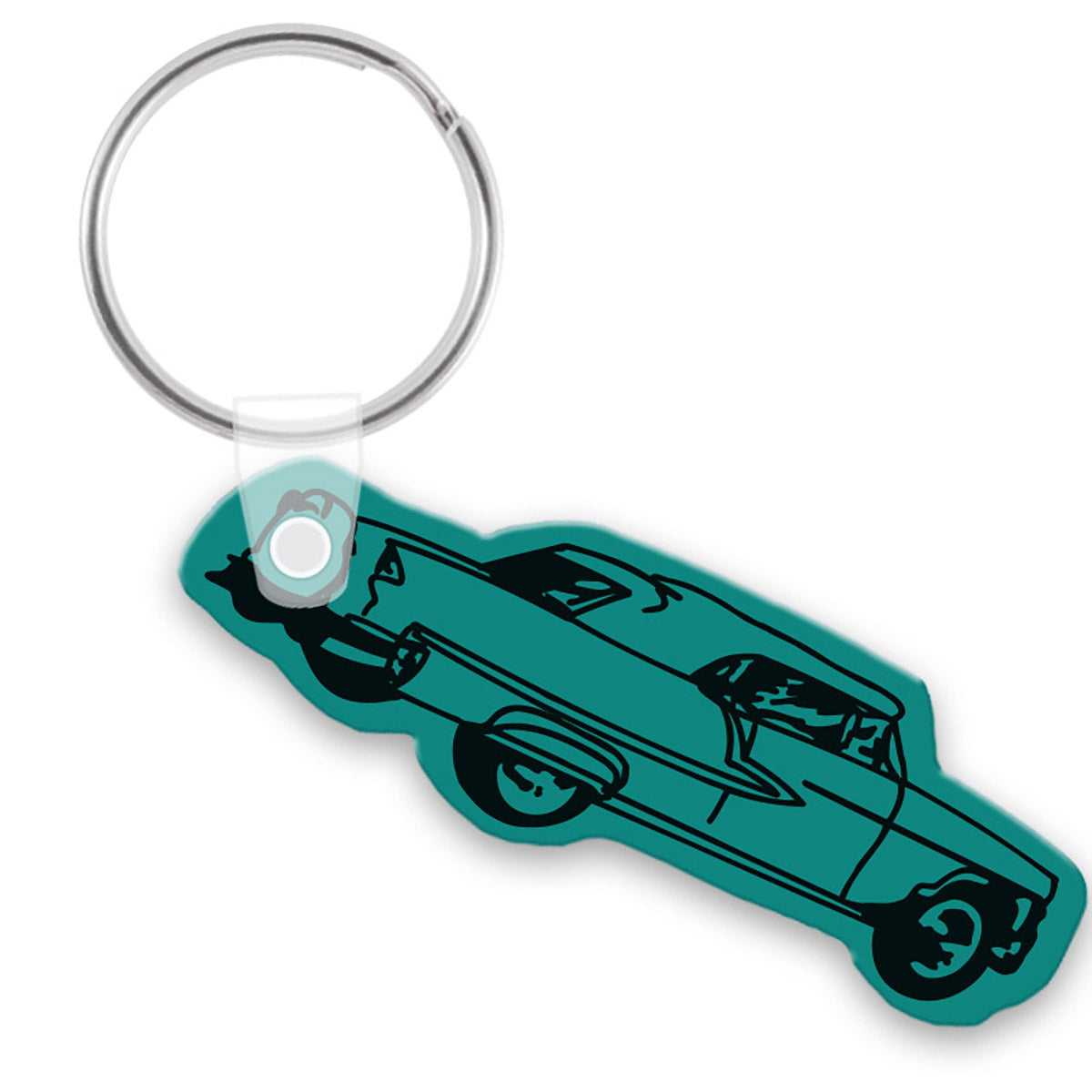 Green vinyl keychain in the shape of a vintage 1955 Chevy convertible.