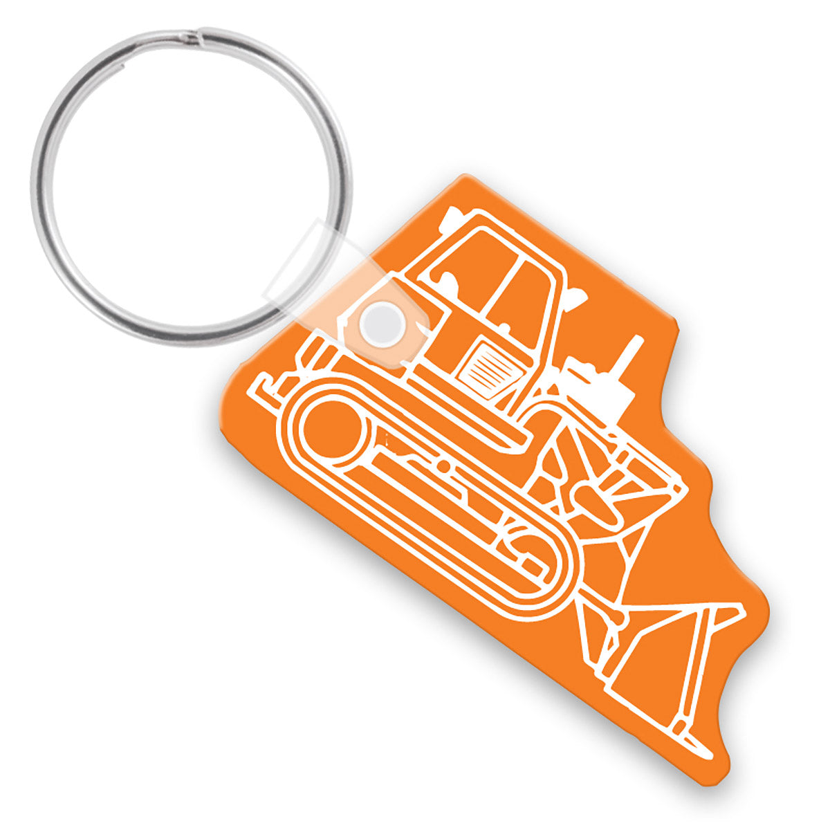 Orange keychain with white bulldozer design on a white background