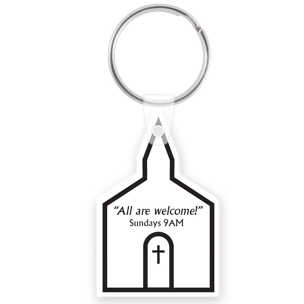White church shaped keychain with a black custom imprint