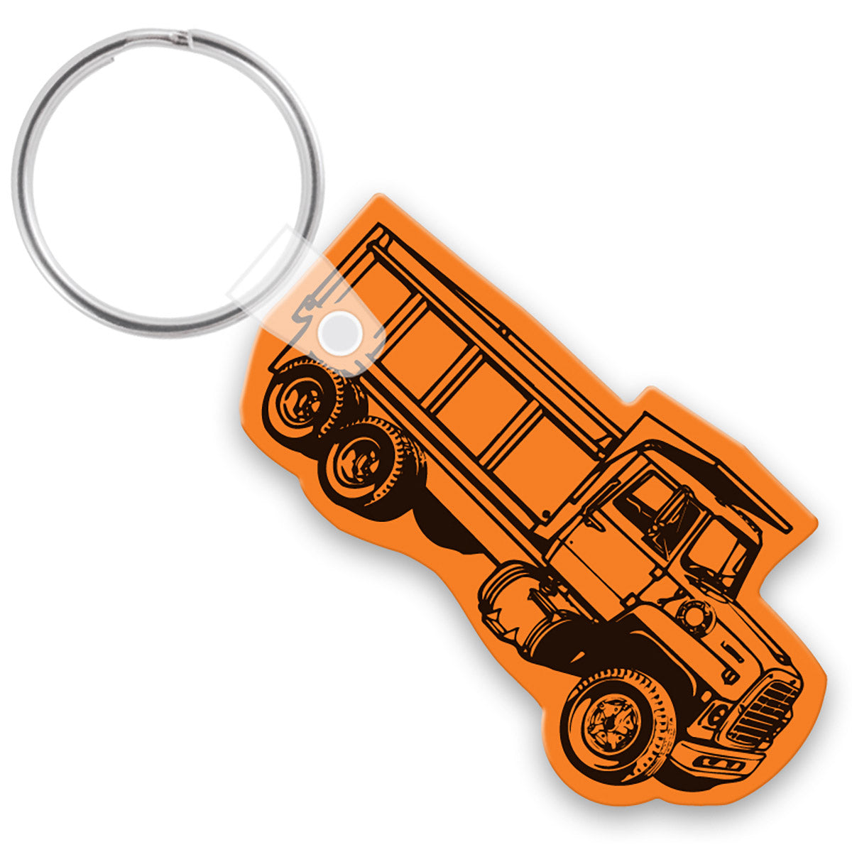 Orange keychain with black dump truck design on a white background