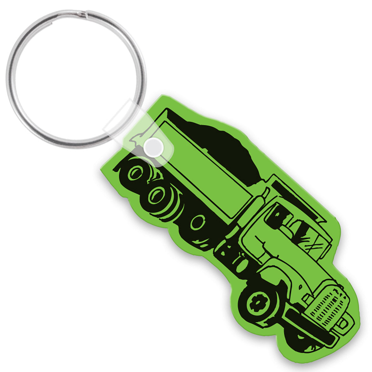 Close up of a keychain in the shape of a heavy duty classic dump truck, carrying a load in it's bed.