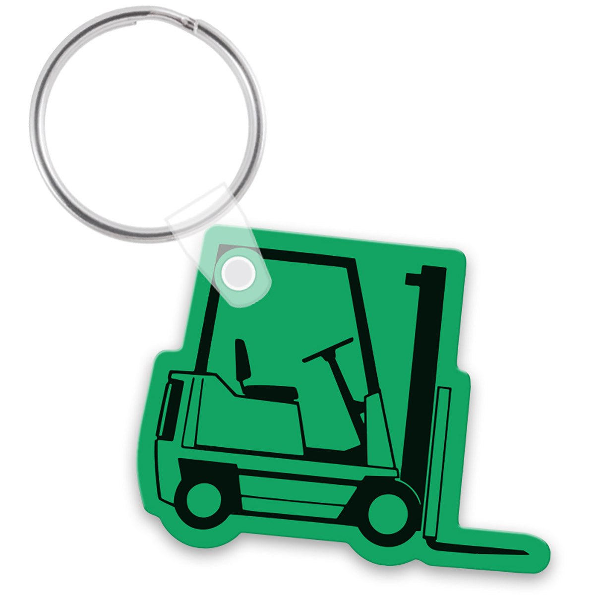 Green keychain with a black outline of a forklift on a white background