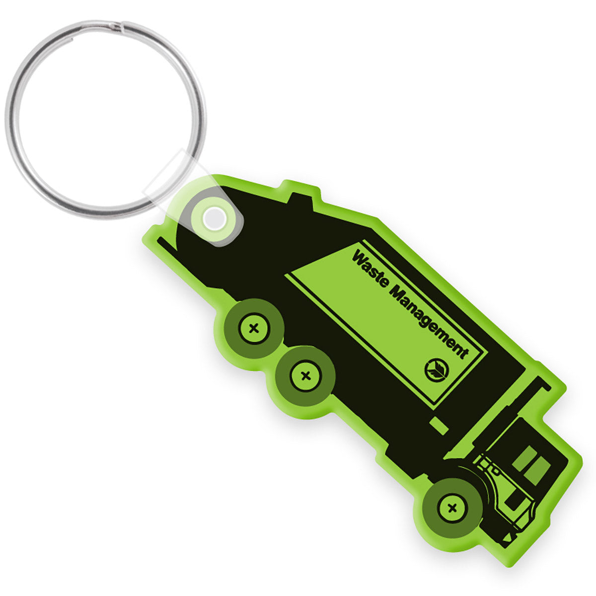 Green keychain shaped like a waste management truck on a white background