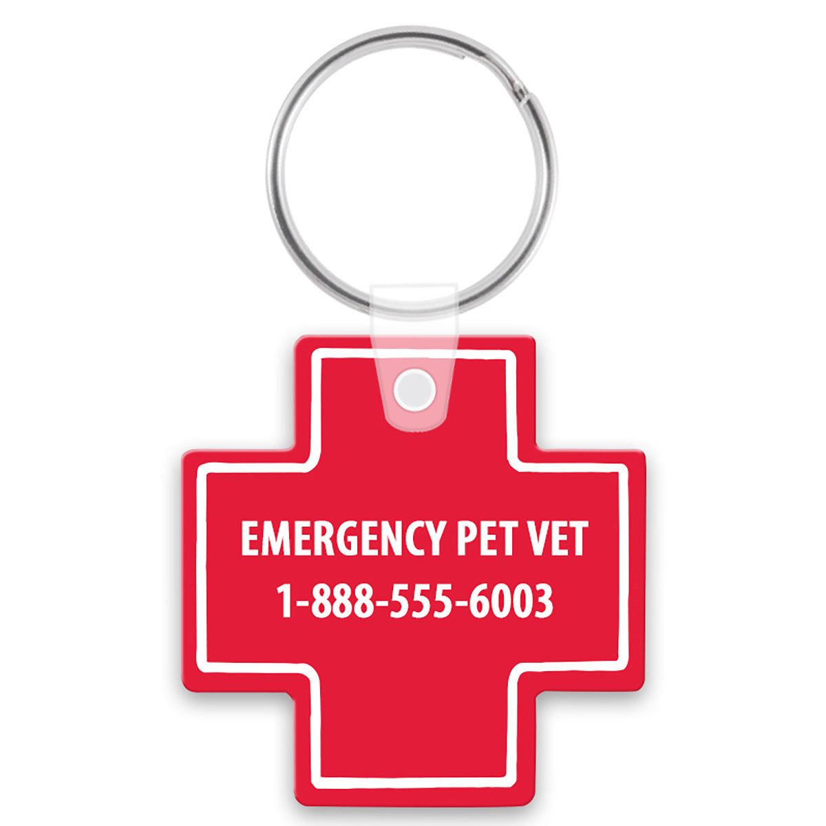 Red cross keychain with a custom imprint in white