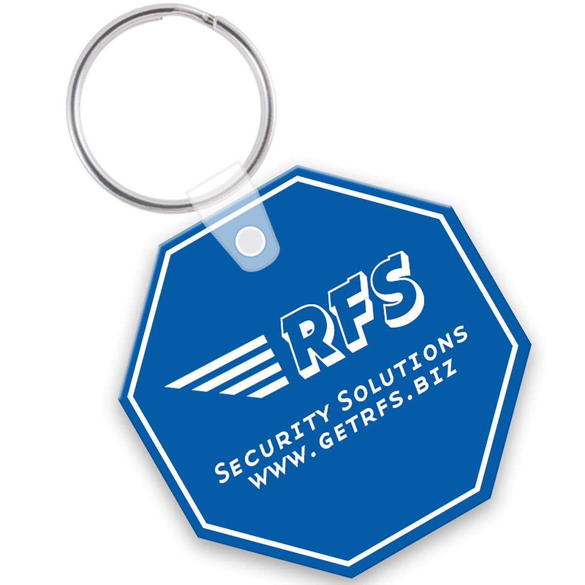 Blue octagon keychain with a white custom imprint