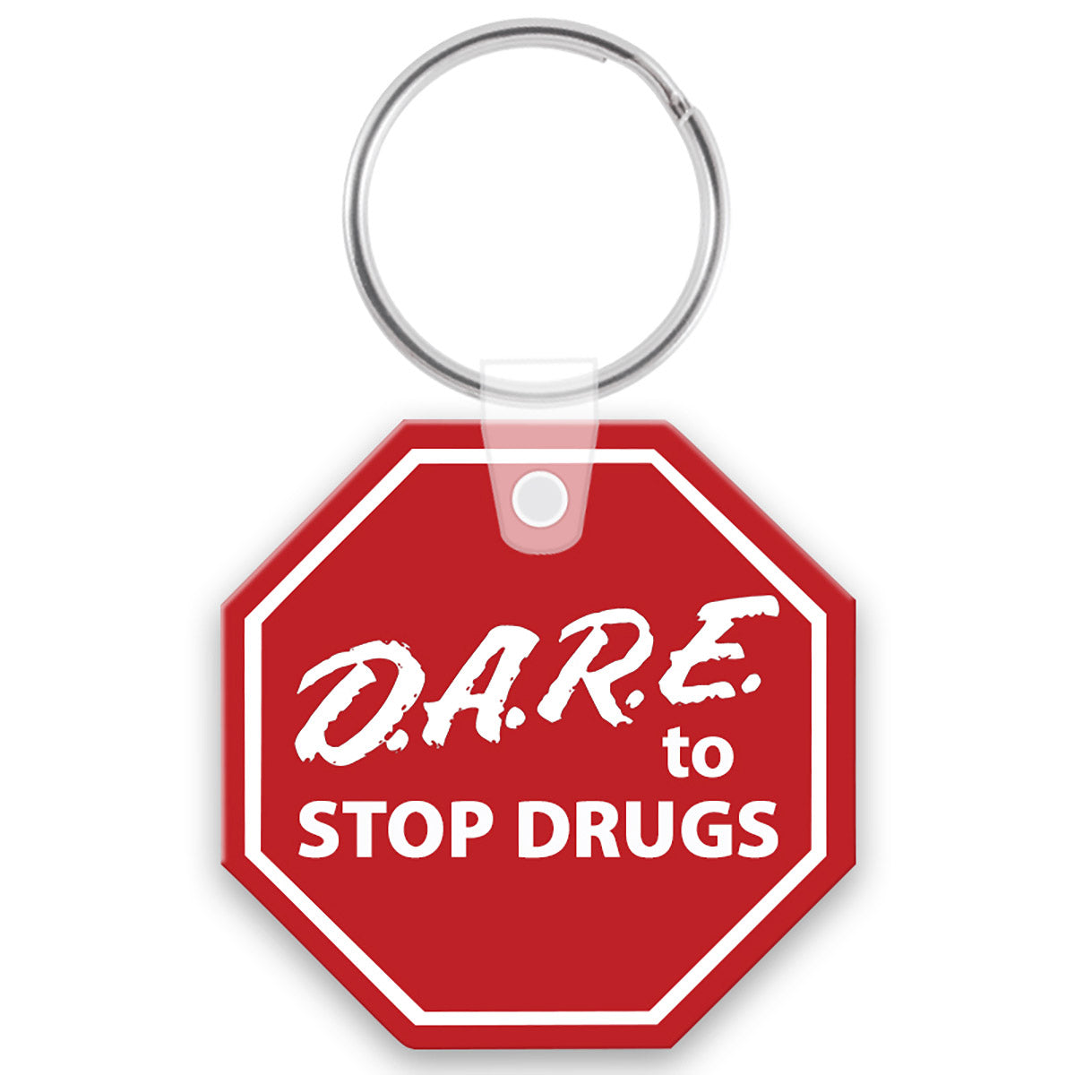 Red octagon shape keychain with a custom white imprint