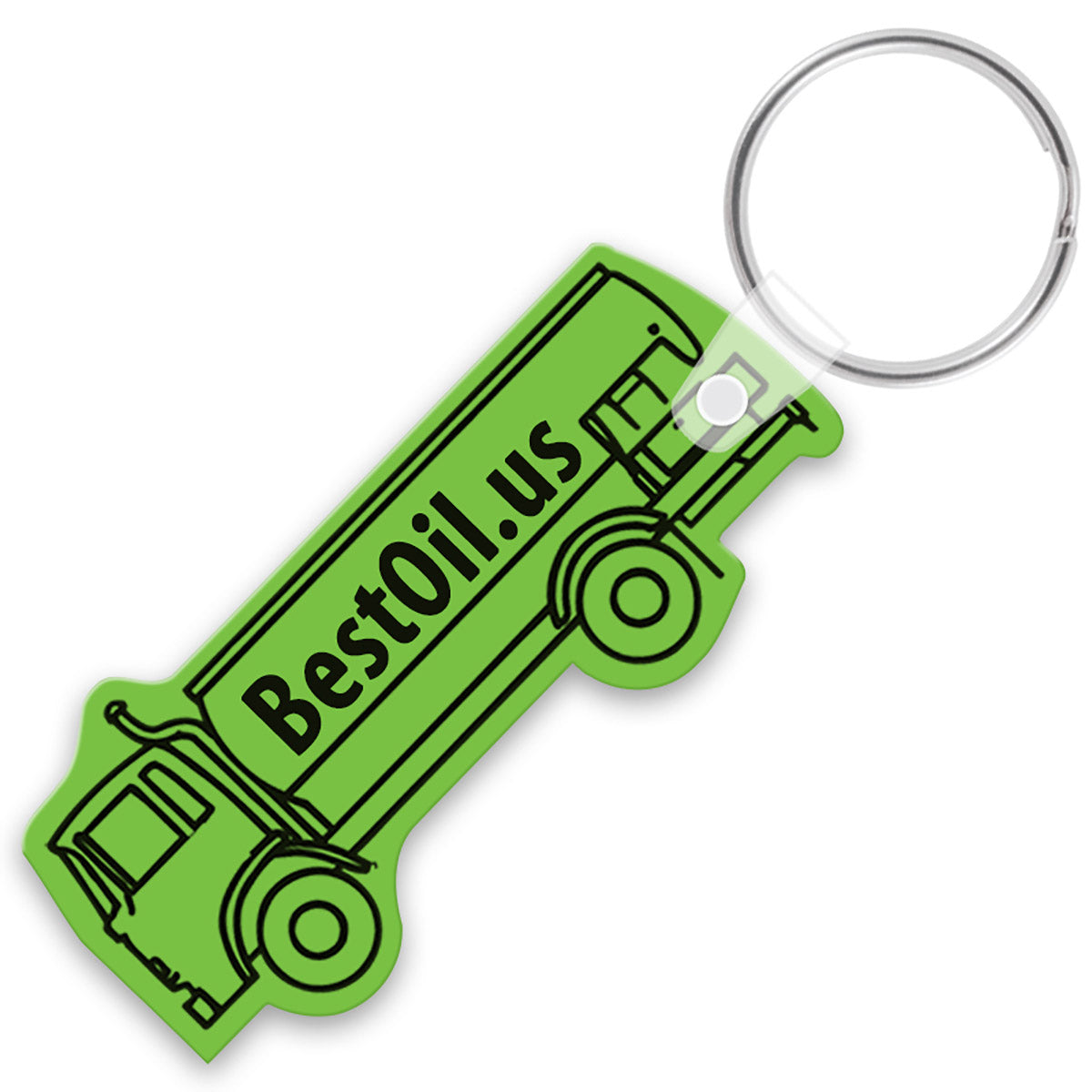 Green keychain shaped like a tanker truck with a custom imprint in black