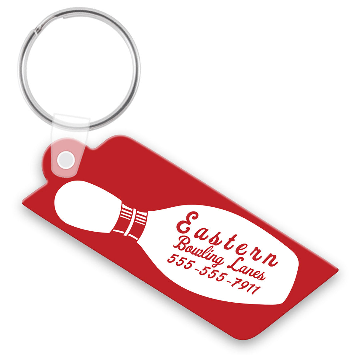 A red custom vinyl keychain in the shape of a retro parallelogram with a white bowling pin printed on the front.