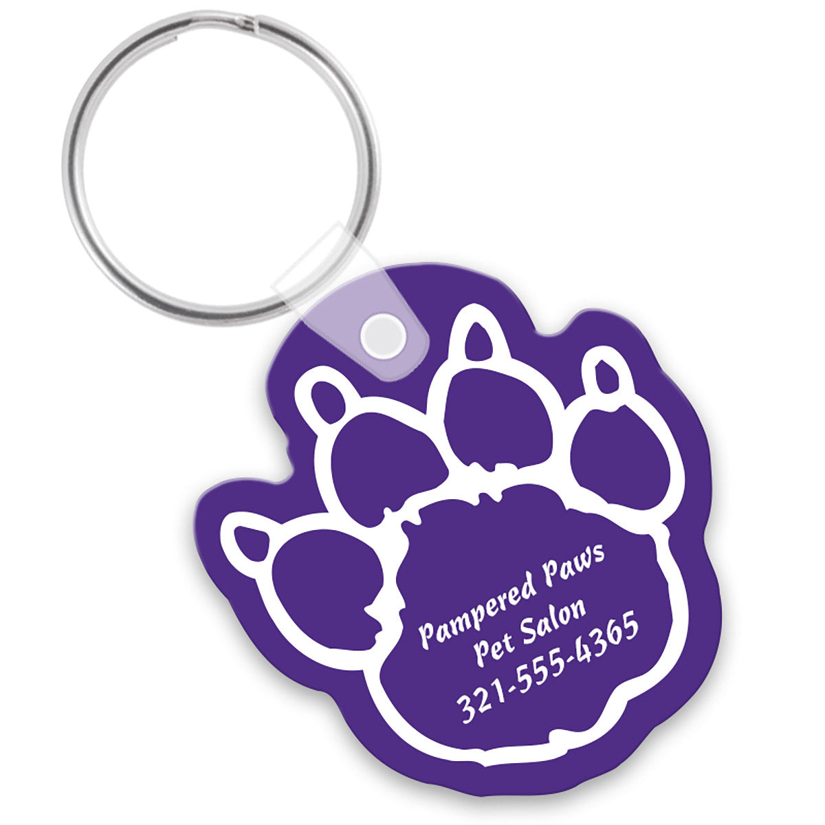 Purple paw shaped keychain with custom imprint in white