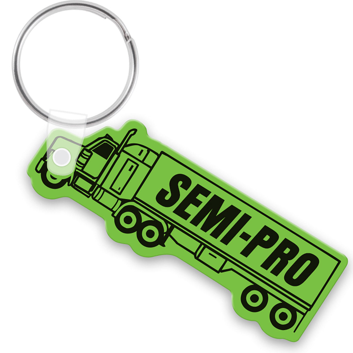 Green keychain shaped like a truck with a black custom imprint