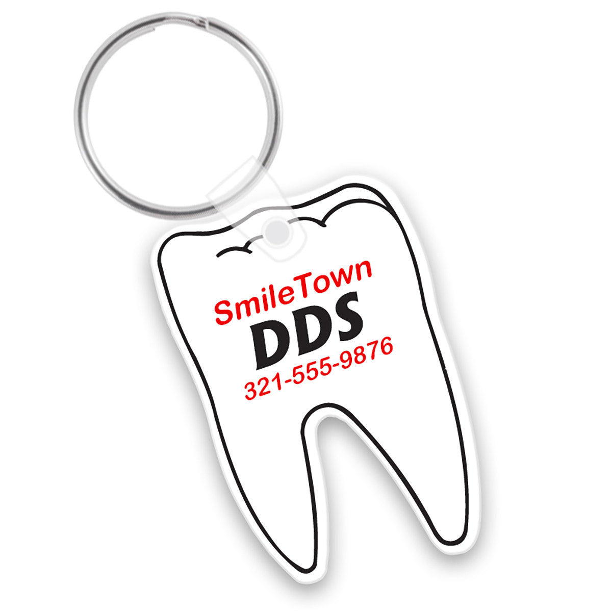 Tooth shaped vinyl keychain. Example shows a white vinyl with custom red and black text imprint.