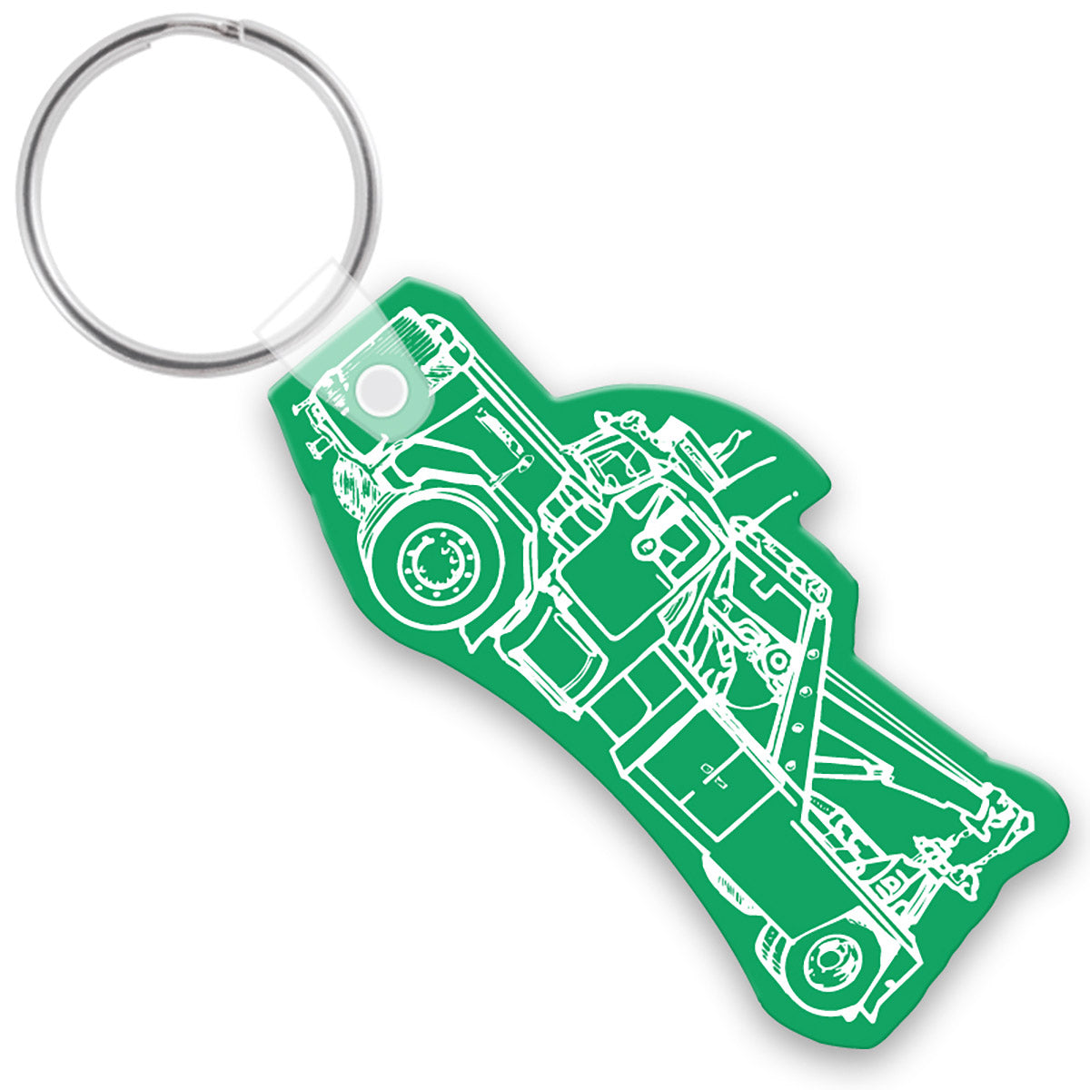 Green keychain shaped like a tow truck with a white imprint