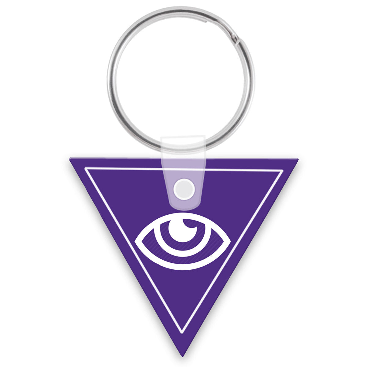Keychain with a purple triangle and white eye symbol on a white background