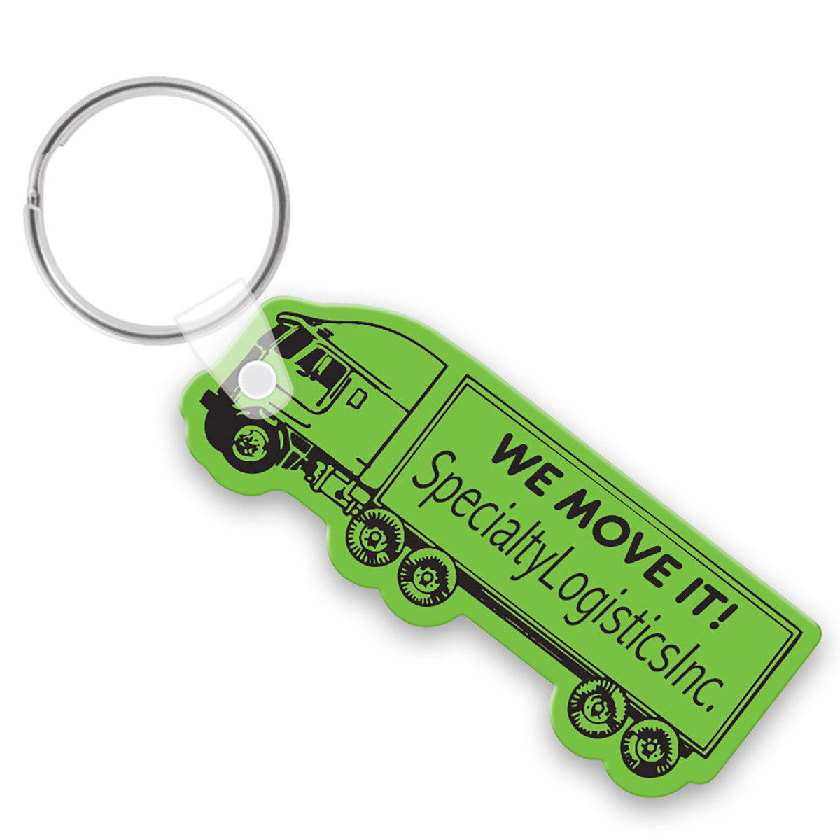 Green truck shaped keychain with a black custom imprint
