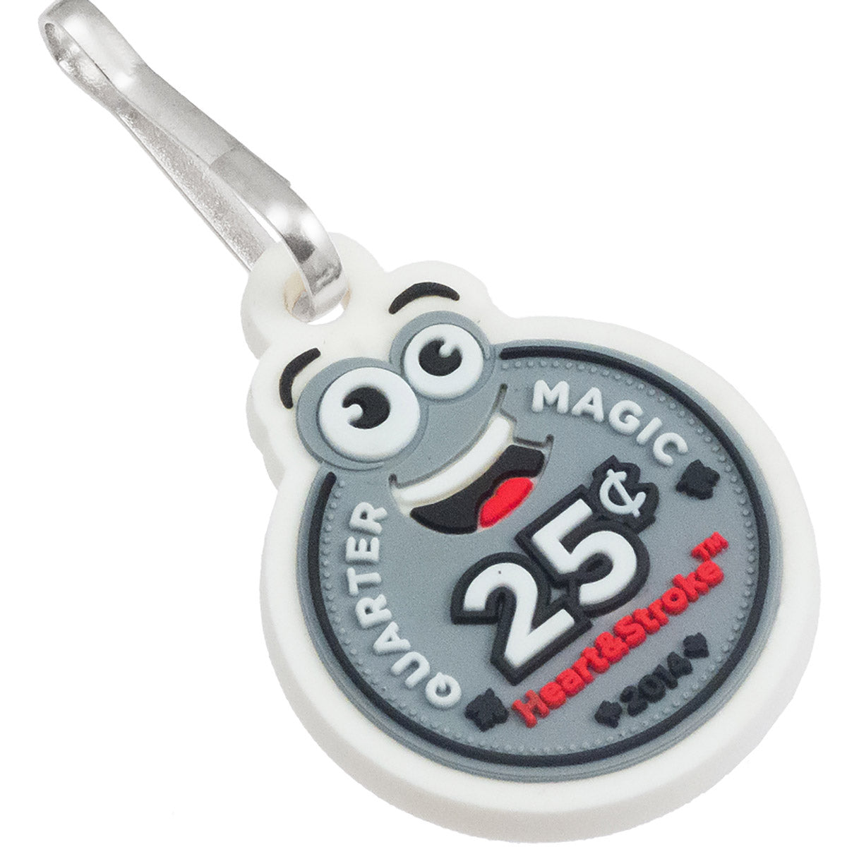 A PVC zipper pull featuring a smiling cartoon coin in white, black, grey, and red.