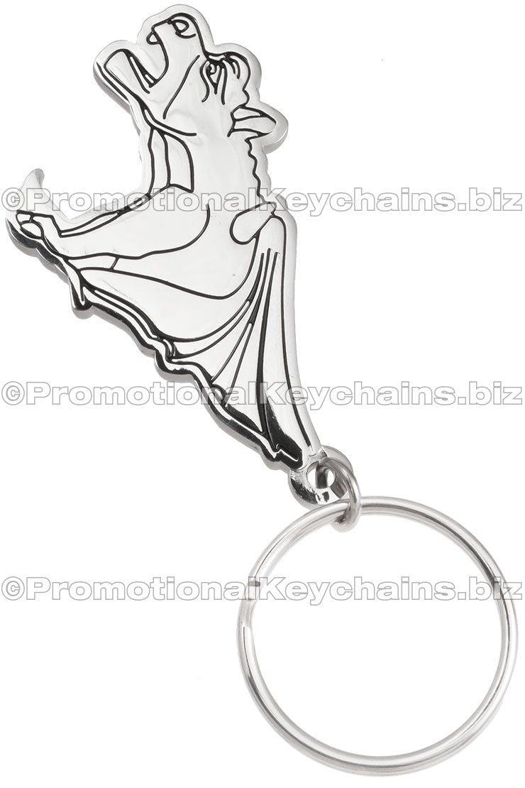 Gargoyle shaped custom bottle opener keychain. Design is in polished nickel and black enamel with bottle opener hook under the Gargoyle head.